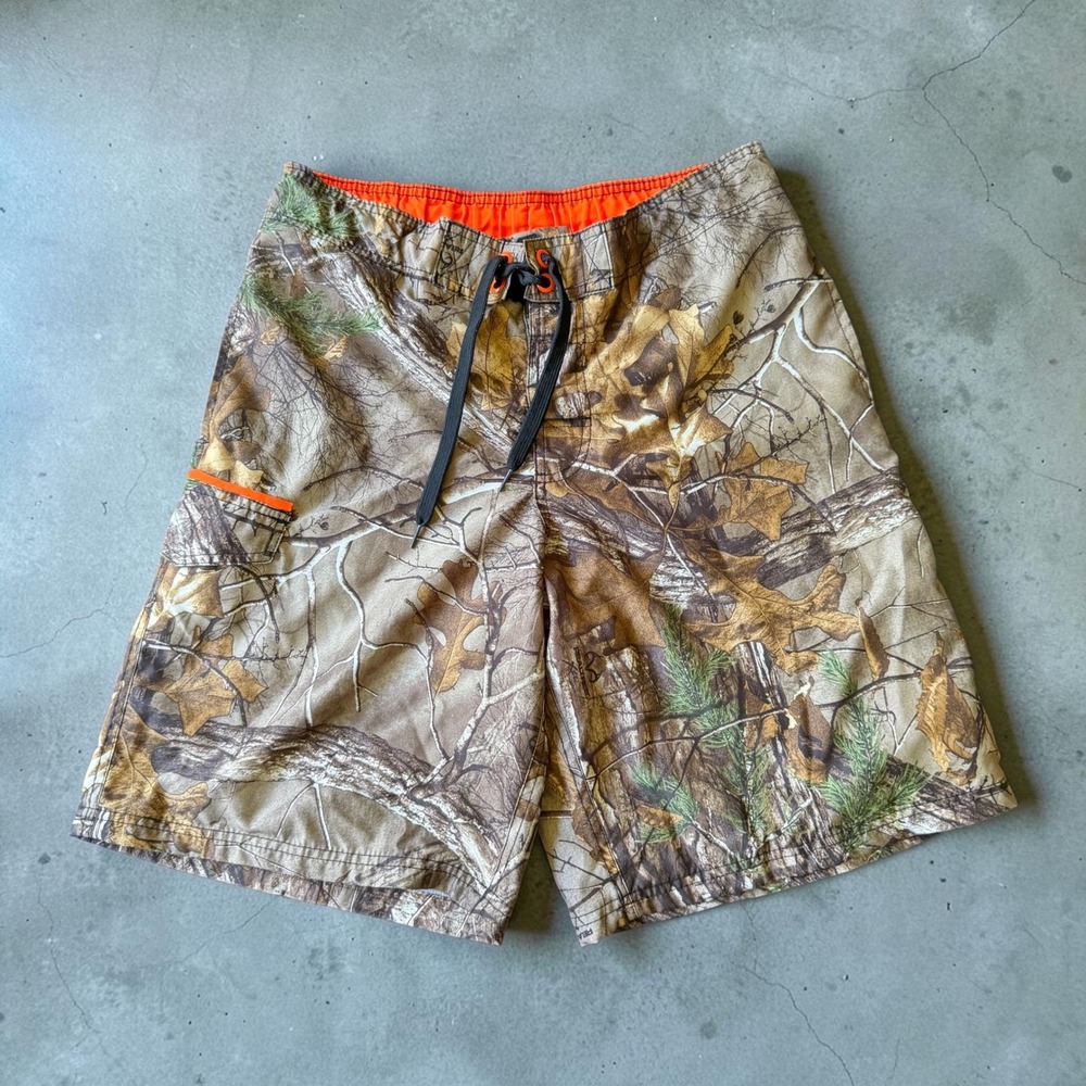 Realtree Mens Camo Board Shorts Swim Trunks Orange Trim Camouflage Medium Y2K